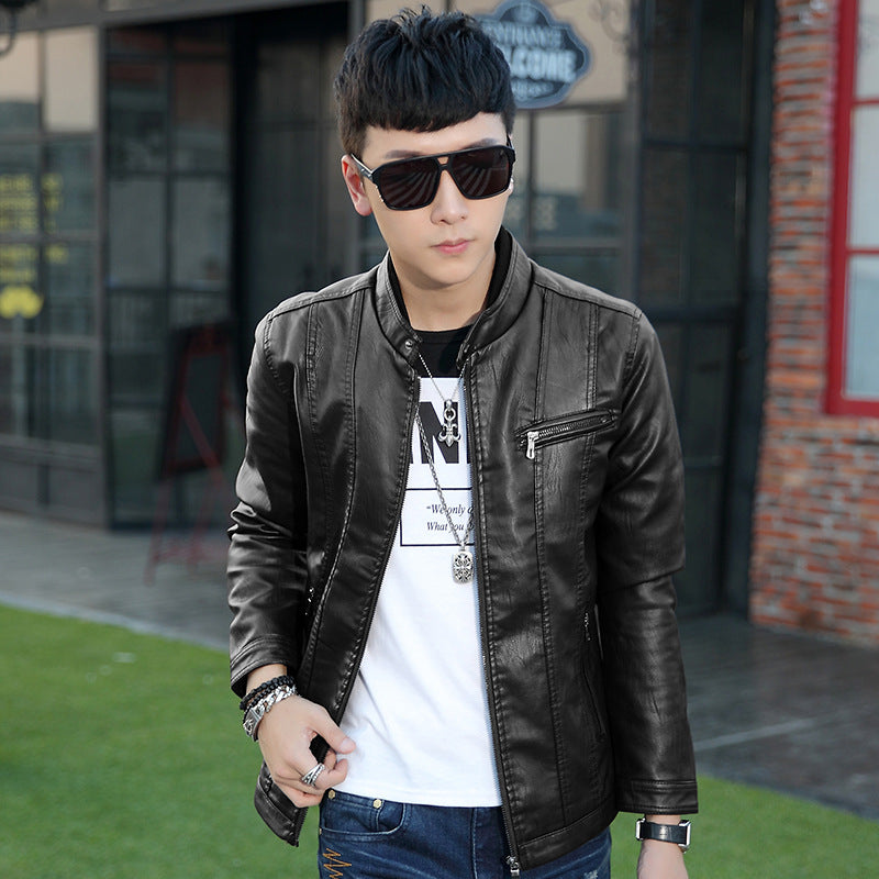 Men's Modern Slim-Fit Leather Look Blouson with Stand-Up Collar and Chest Zip Pocket Mune Fashion