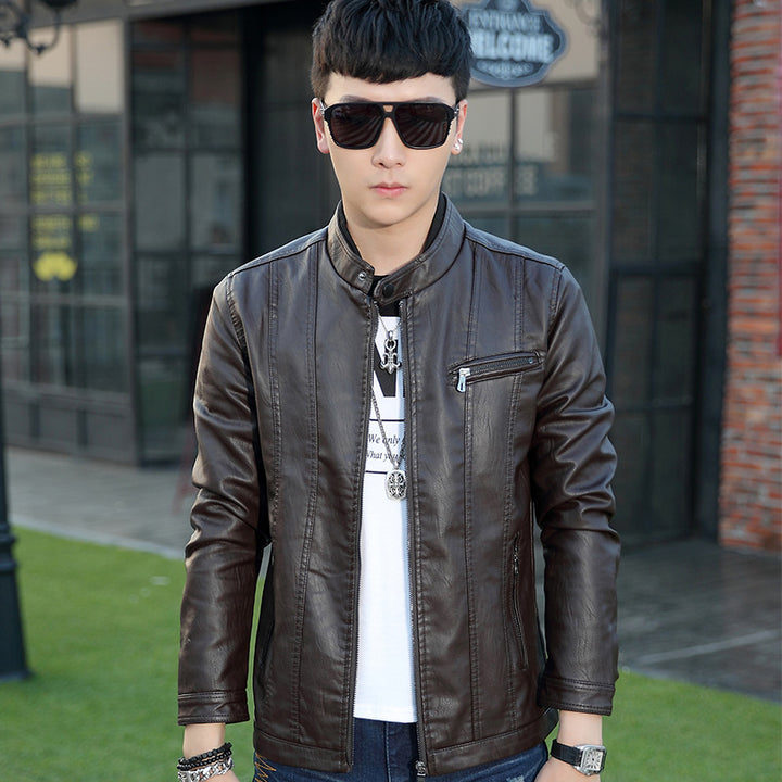 Men's Modern Slim-Fit Leather Look Blouson with Stand-Up Collar and Chest Zip Pocket Mune Fashion