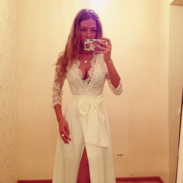 Women Two-Piece Evening Dress with Lace Corset, V-Neck & Maxi Skirt with High Slit Mune Fashion
