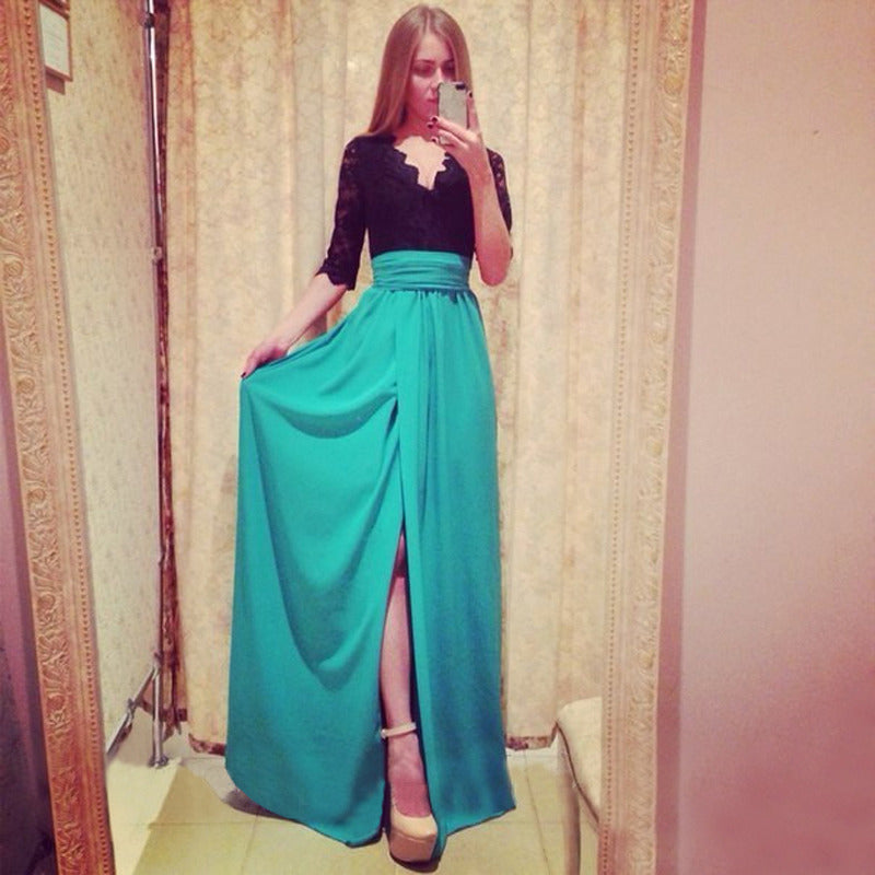 Women Two-Piece Evening Dress with Lace Corset, V-Neck & Maxi Skirt with High Slit Mune Fashion