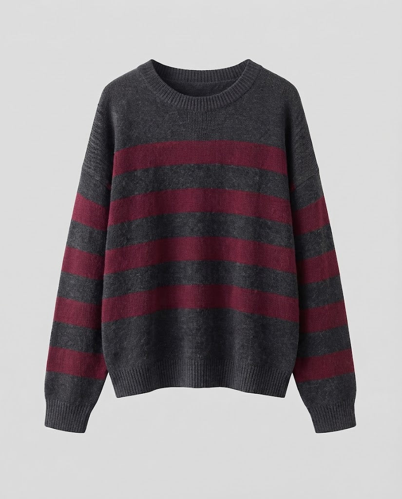 Ladies Striped Fine Knit Sweater with Round Neck, Dropped Shoulder and Loose Silhouette Mune Fashion