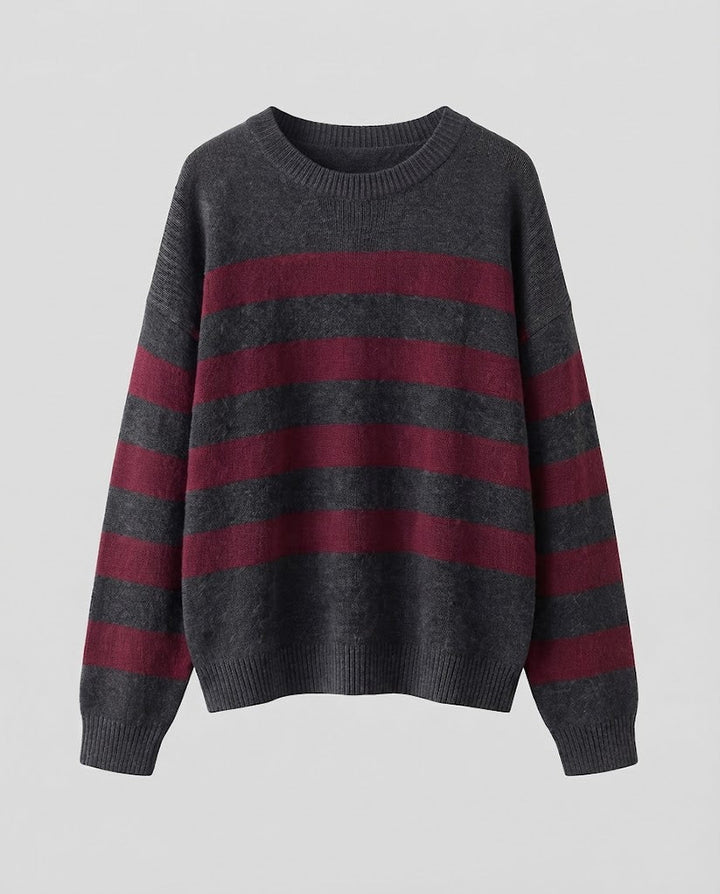 Ladies Striped Fine Knit Sweater with Round Neck, Dropped Shoulder and Loose Silhouette Mune Fashion