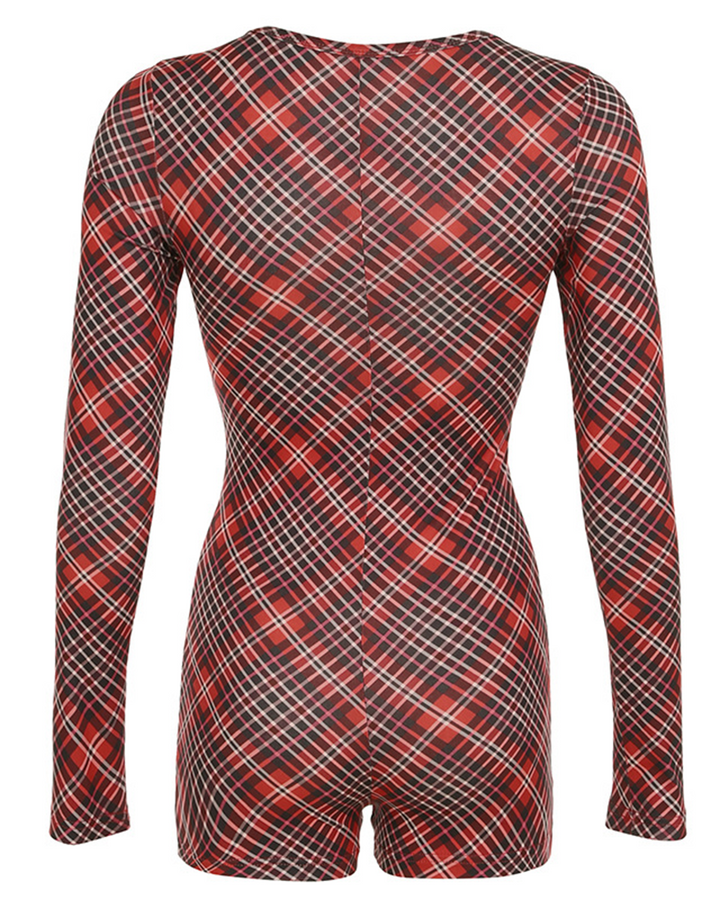 Mune | Christmas Check Pattern V Neck Long Sleeve Jumpsuit Shorts