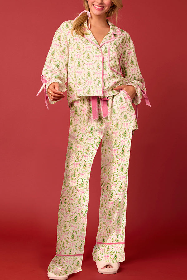 Mune | Christmas Printed Velour Lacing Long Sleeve Pocket Top and Elastic Waist Pants Set