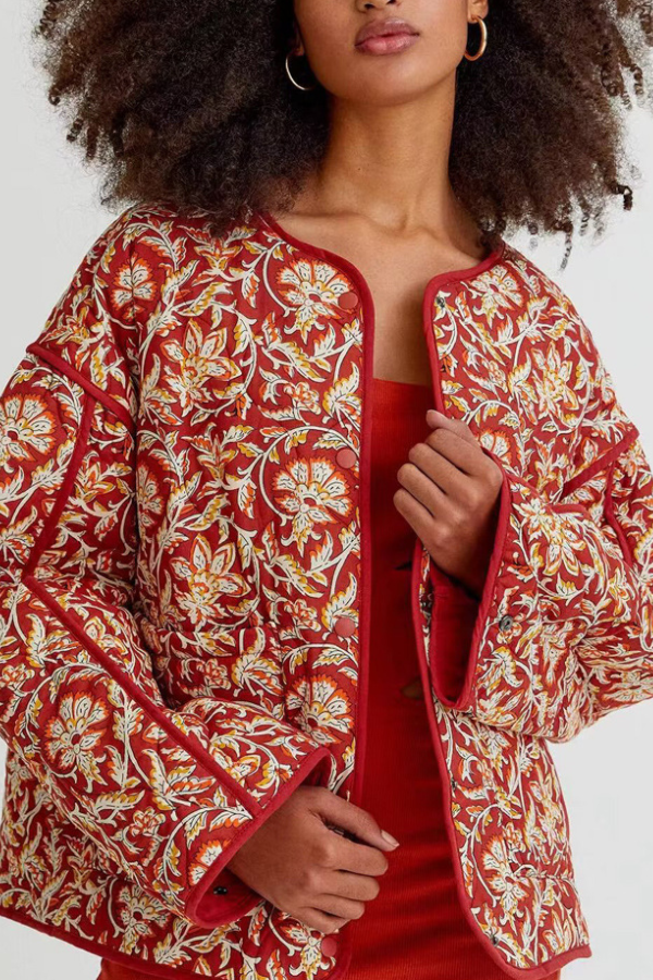 Mune | Neck Floral Print Loose Quilted Cotton Jacket