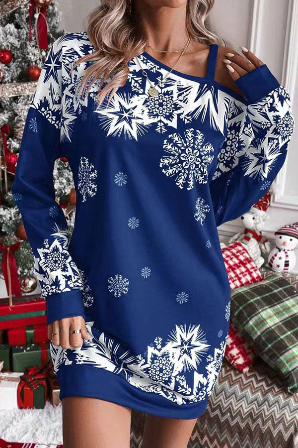 Mune | Christmas Snowflake Cold Shoulder Loose Sweatshirt Mini Dress