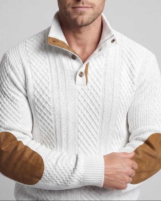 Men's coarse structure troyer with half placket and suede elbow patches Mune Fashion