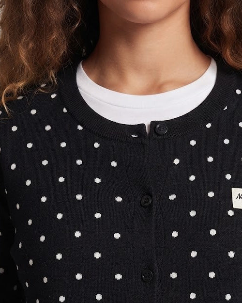 Women's Polka Dot Fine Knit Cardigan with Fine Dots and Round Neckline Mune Fashion