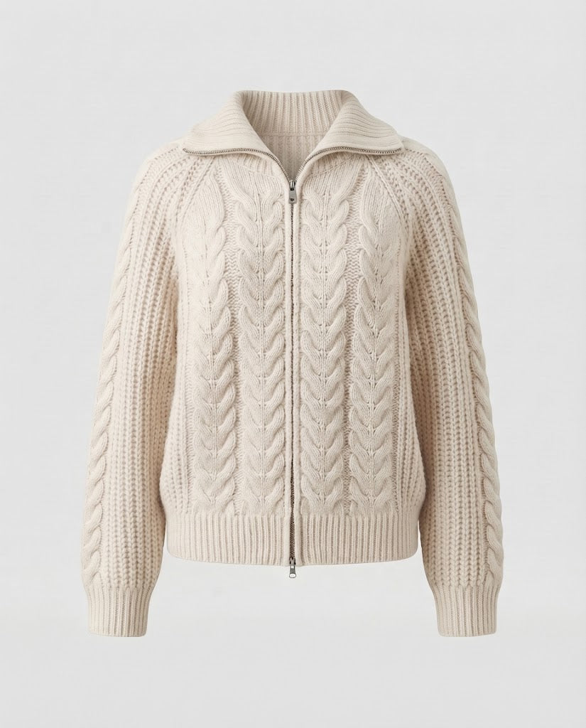 Women's Boxy Braided Knit Jacket with Short Cut, Front Zipper and Wide Stand-up Collar Mune Fashion