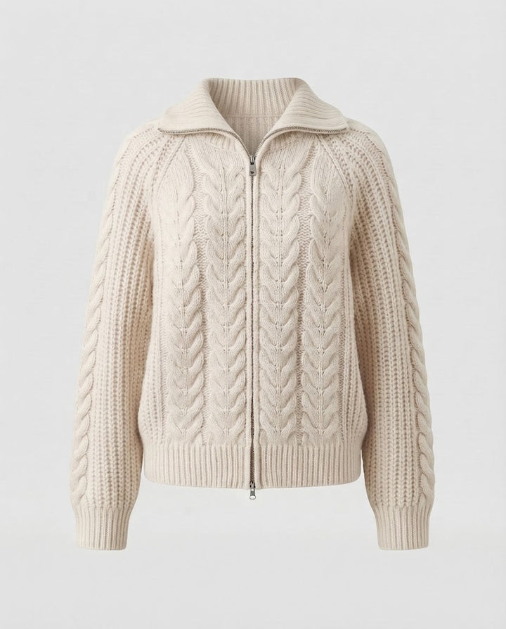 Women's Boxy Braided Knit Jacket with Short Cut, Front Zipper and Wide Stand-up Collar Mune Fashion