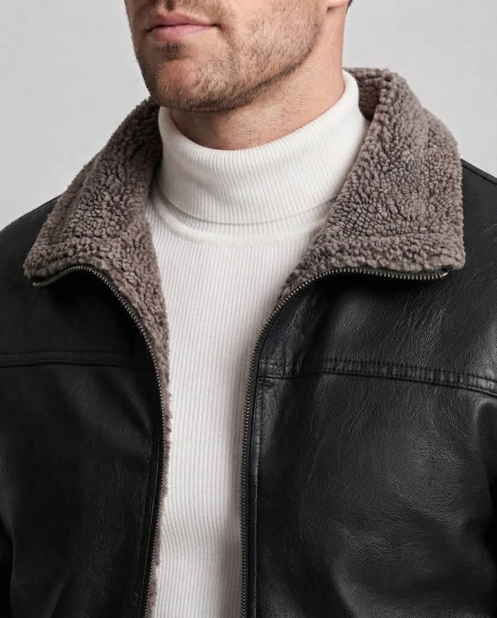 Men's synthetic leather zip jacket with full teddy fleece lining and high stand-up collar Mune Fashion