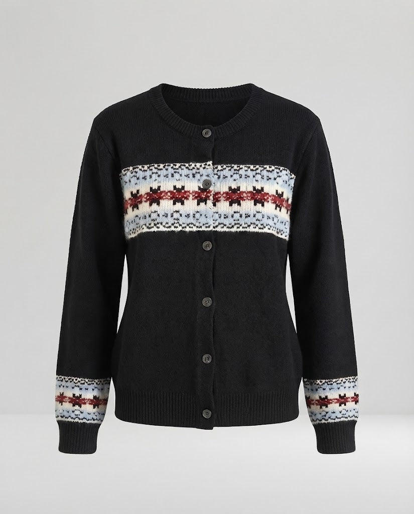 Women cardigan with horizontal intarsia border, round neck and button placket Mune Fashion