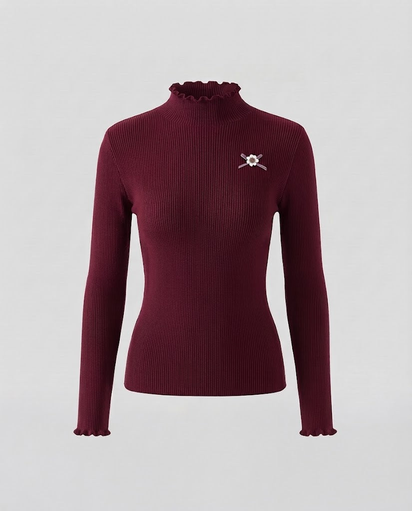 Women's fine knit sweater with ruffled collar and wavy sleeve cuff Mune Fashion