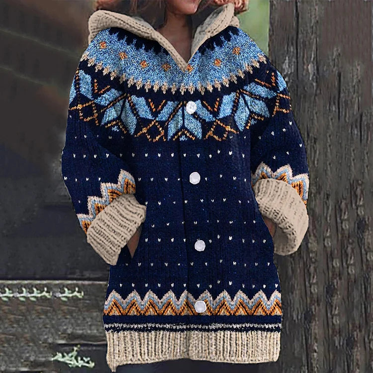 Women Fair Isle Hooded Knit Cardigan