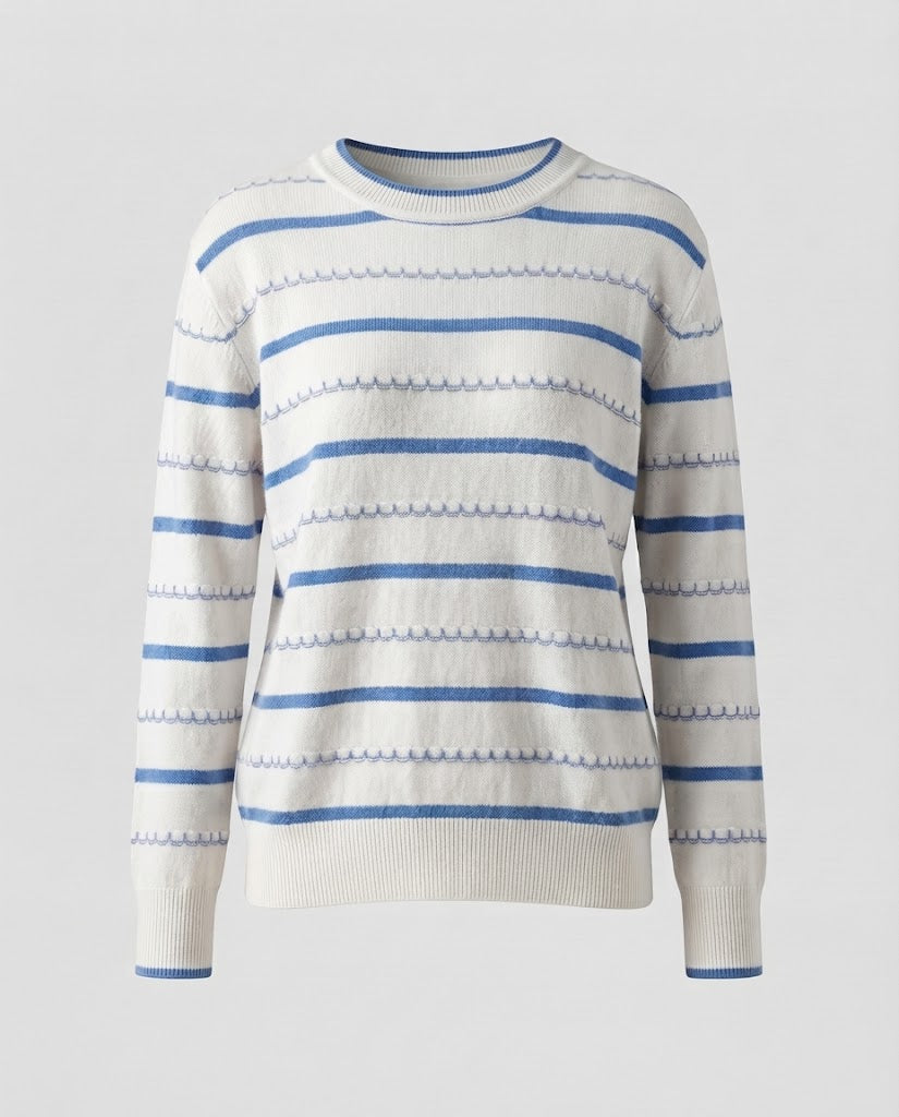 Women's Striped Fine Knit Sweater with Decorative Stitch and Round Neckline Mune Fashion