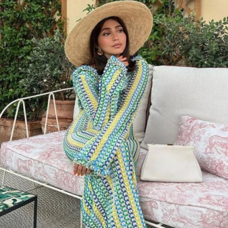 Mune | Long-Sleeved Crochet Maxidress with Striped Pattern