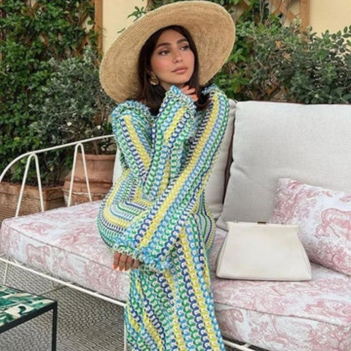 Mune | Long-Sleeved Crochet Maxidress with Striped Pattern