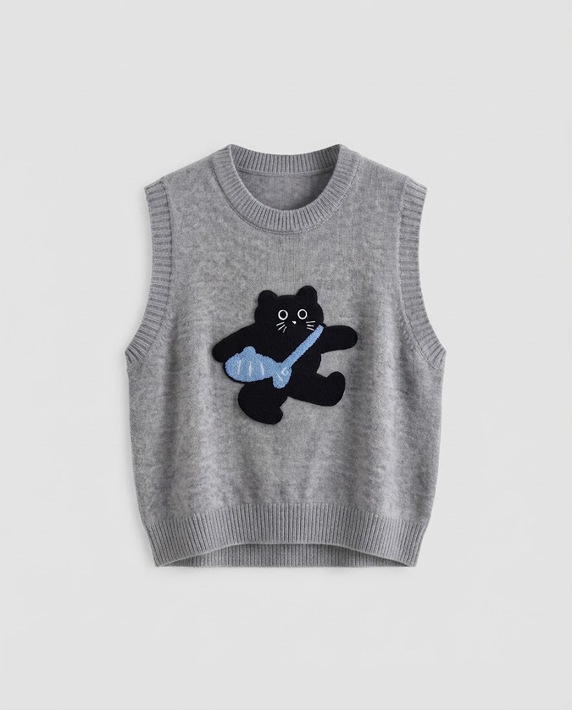 Women's knitted sleeveless vest with embroidered cat motif and ribbed cuffs Mune Fashion