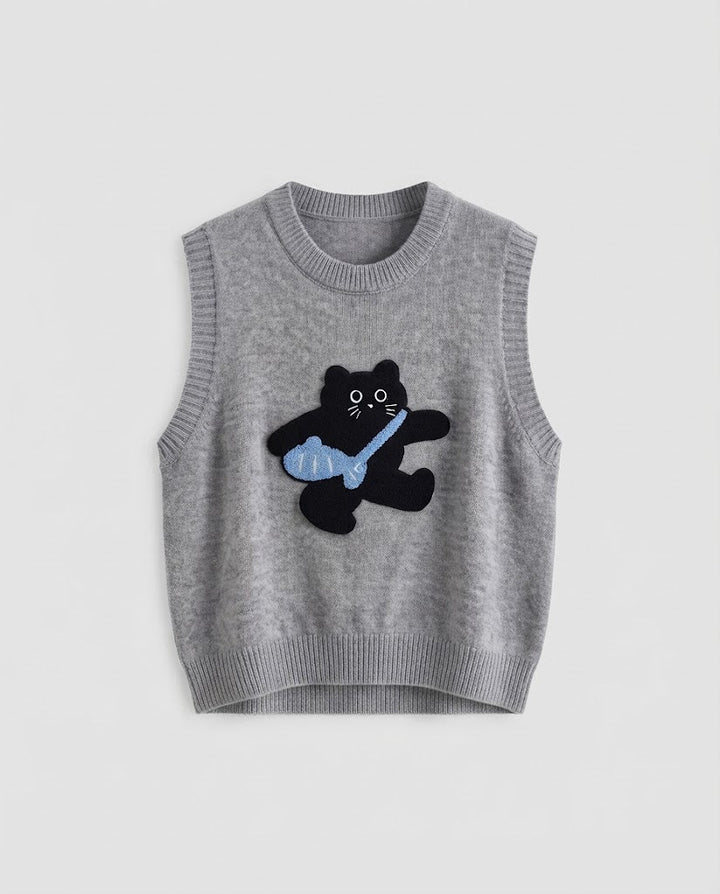 Women's knitted sleeveless vest with embroidered cat motif and ribbed cuffs Mune Fashion