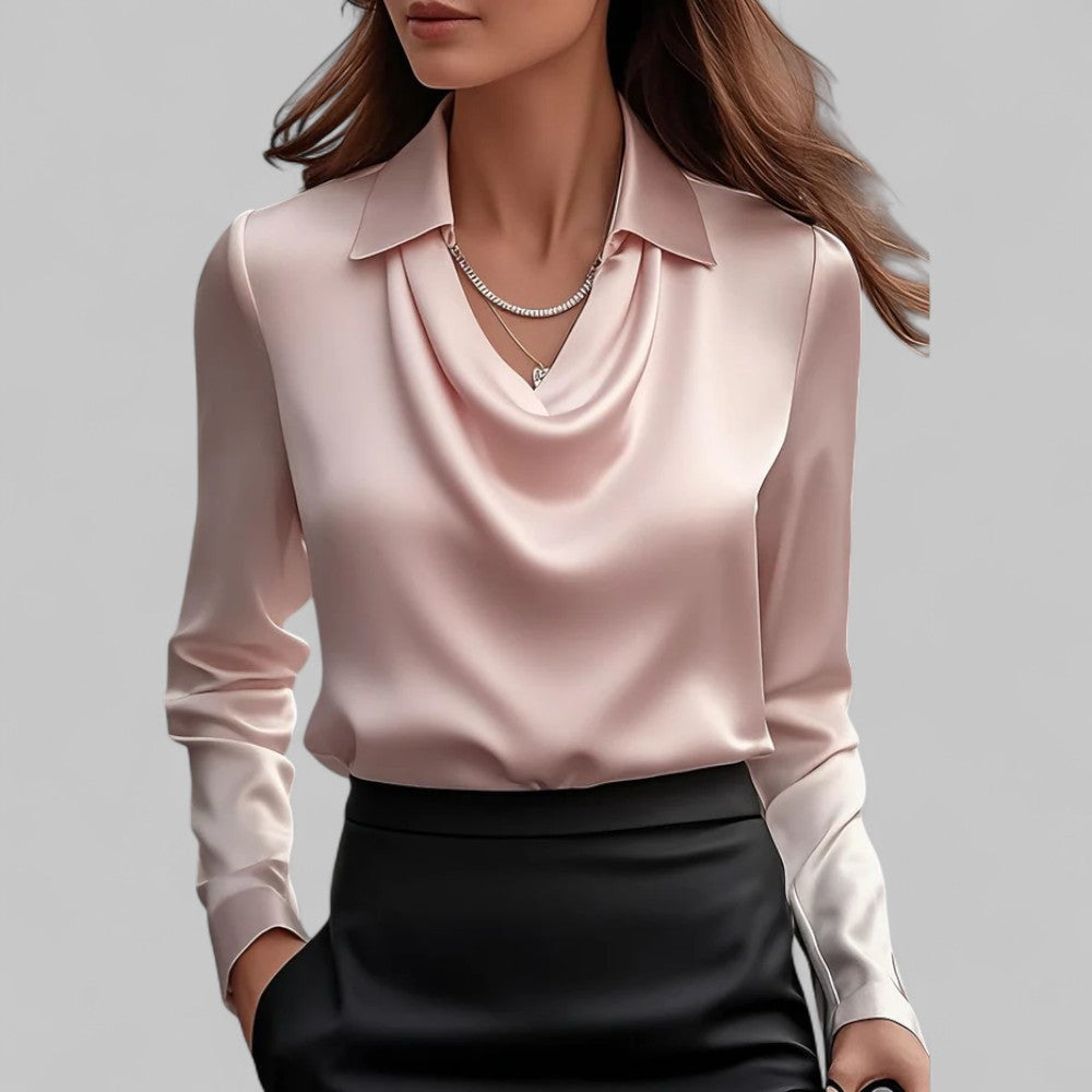 Women’s Draped Neck Long Sleeve Satin Blouses