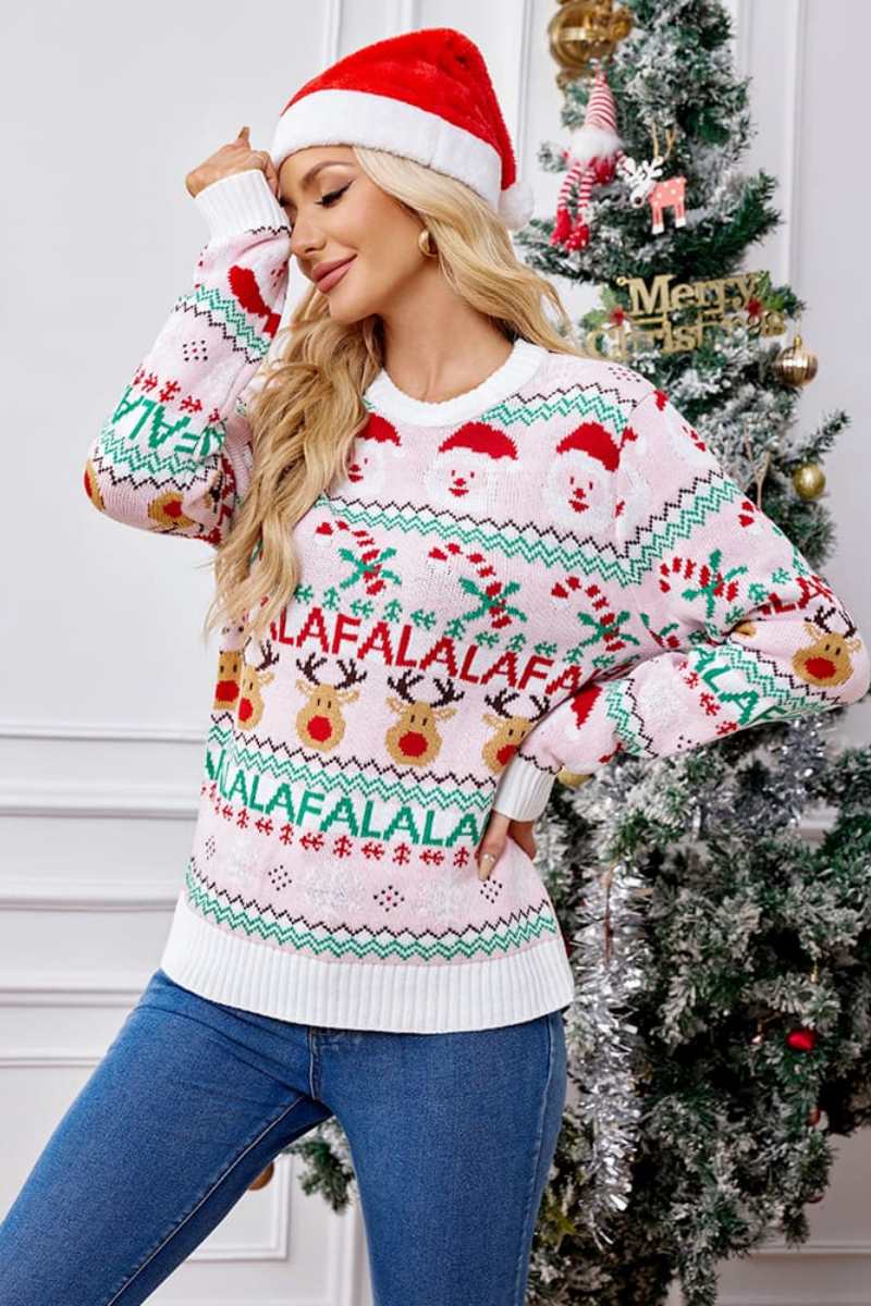 Mune | Loose Fit Round Neck Christmas Cartoon Knit Sweater - Pink