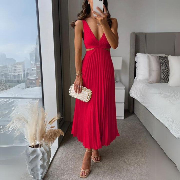 Mune Fashion | Midi Dress Sleeveless V-Neck Twist Front & Cut Out Detail Pleated Skirt