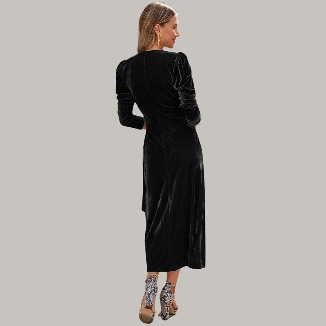 Mune | Midi Portfolio Dress In Velour with Puff Sleeves