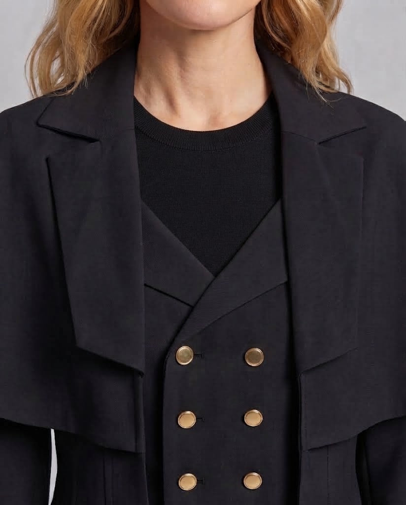 Women Dramatic Cape Coat with Button Placket and Puff Sleeves Mune Fashion