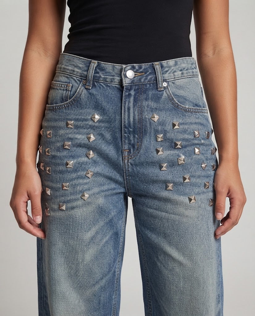 Women's wide baggy jeans with geometric studded detailing and vintage wash Mune Fashion