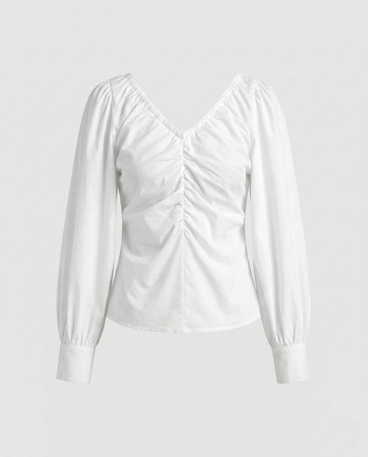Women's Ruffled V-Neck Puff Sleeve Blouse Shirt with Tailored Gathering Mune Fashion