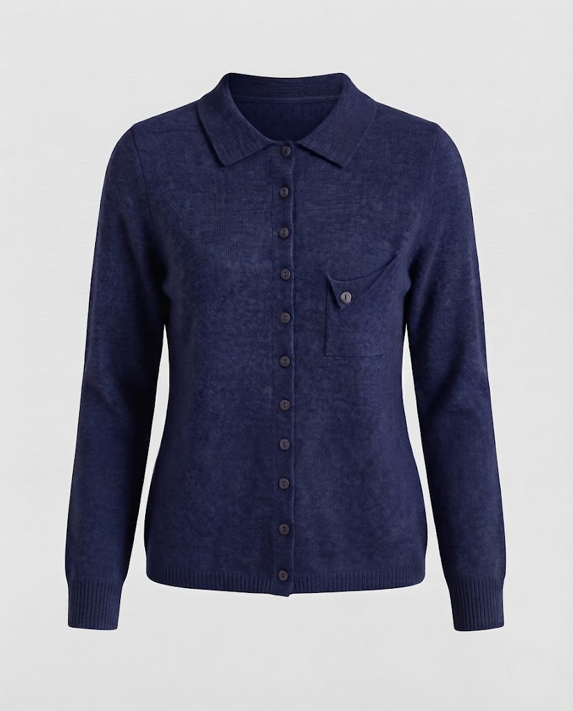 Women's fine-knit cardigan with polo collar, 3/4 sleeves and discreet chest pocket Mune Fashion