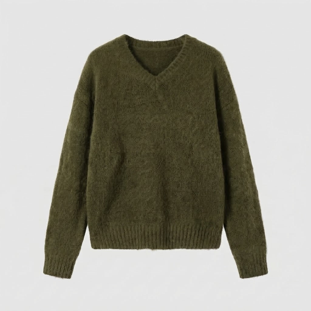 Ladies Cozy V-Neck Mohair Blend Oversized Sweater with Ribbed Cuffs Mune Fashion