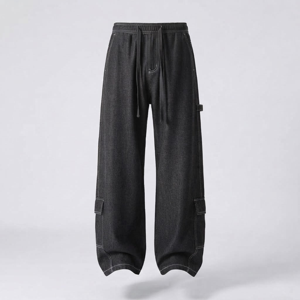 Men's Wide Baggy Cargo Pants with Drawstring, Contrast Stitching & Utility Pocket Mune Fashion