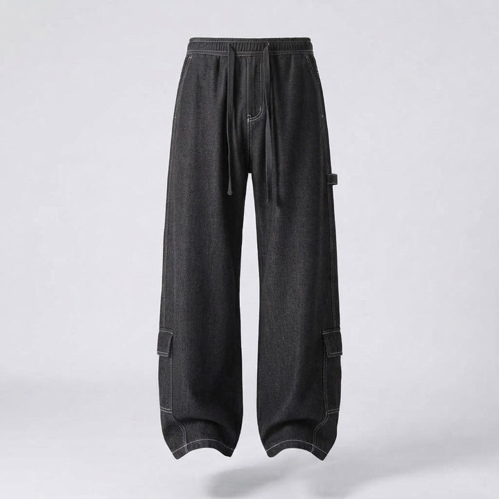 Men's Wide Baggy Cargo Pants with Drawstring, Contrast Stitching & Utility Pocket Mune Fashion