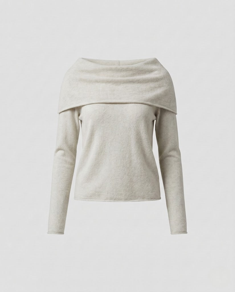 Women's fine knit pullover with off-the-shoulder Carmen collar and tailored fit Mune Fashion