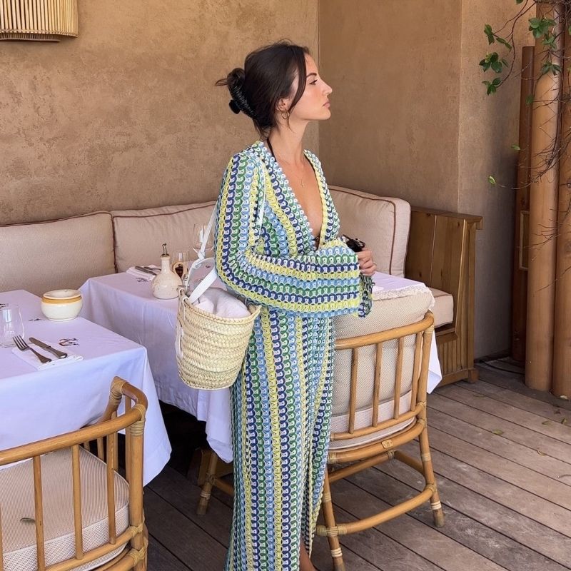 Mune | Long-Sleeved Crochet Maxidress with Striped Pattern