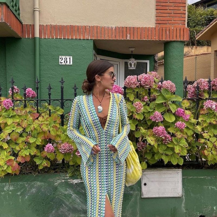 Mune | Long-Sleeved Crochet Maxidress with Striped Pattern
