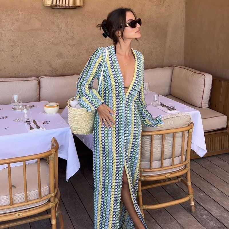 Mune | Long-Sleeved Crochet Maxidress with Striped Pattern