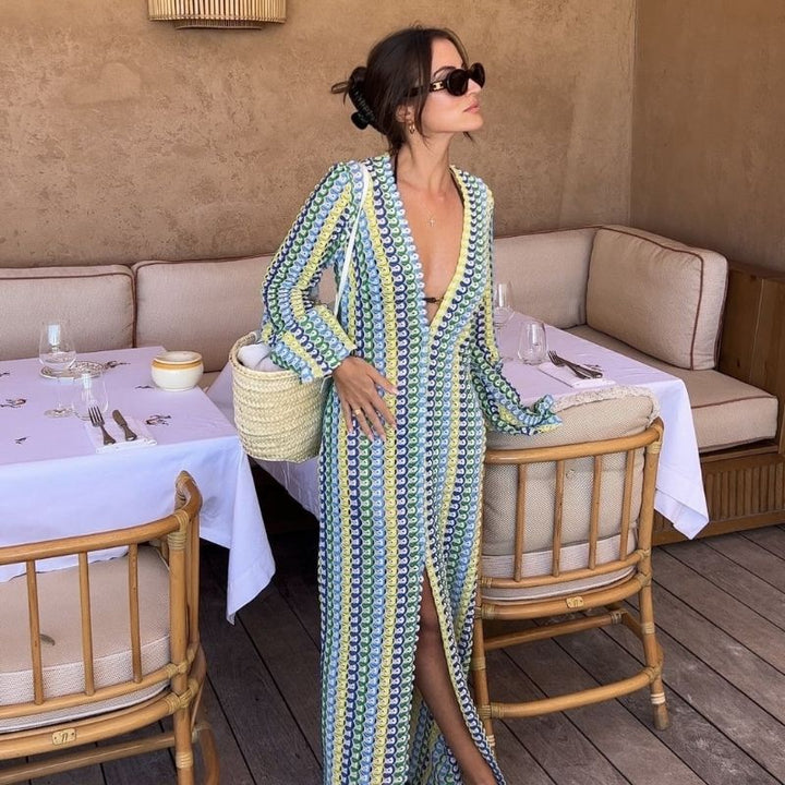 Mune | Long-Sleeved Crochet Maxidress with Striped Pattern