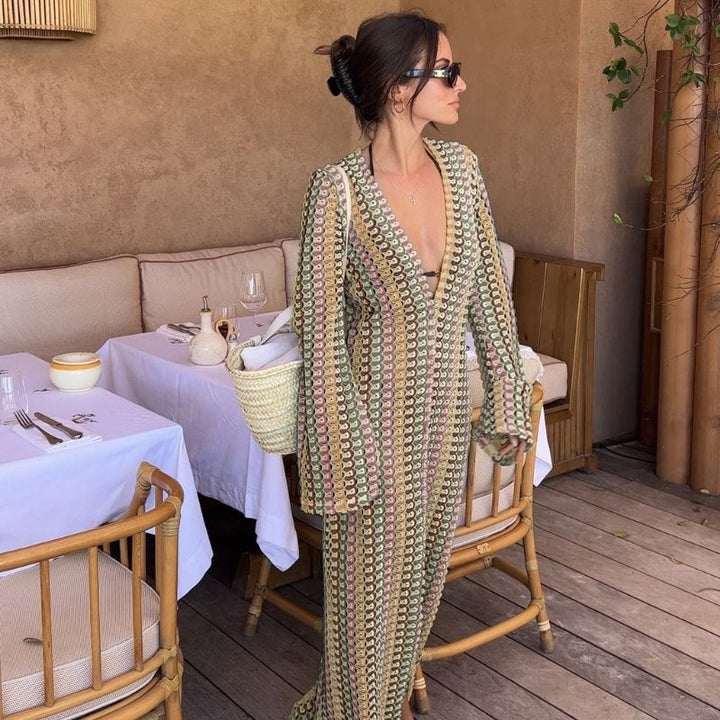 Mune | Long-Sleeved Crochet Maxidress with Striped Pattern