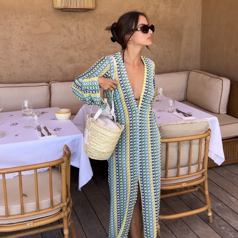 Mune | Long-Sleeved Crochet Maxidress with Striped Pattern