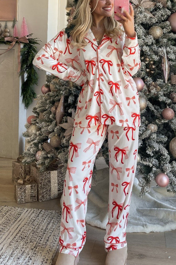 Mune | Christmas Bow Print Long Sleeve Shirt and Elastic Waist Pocket Pants Set