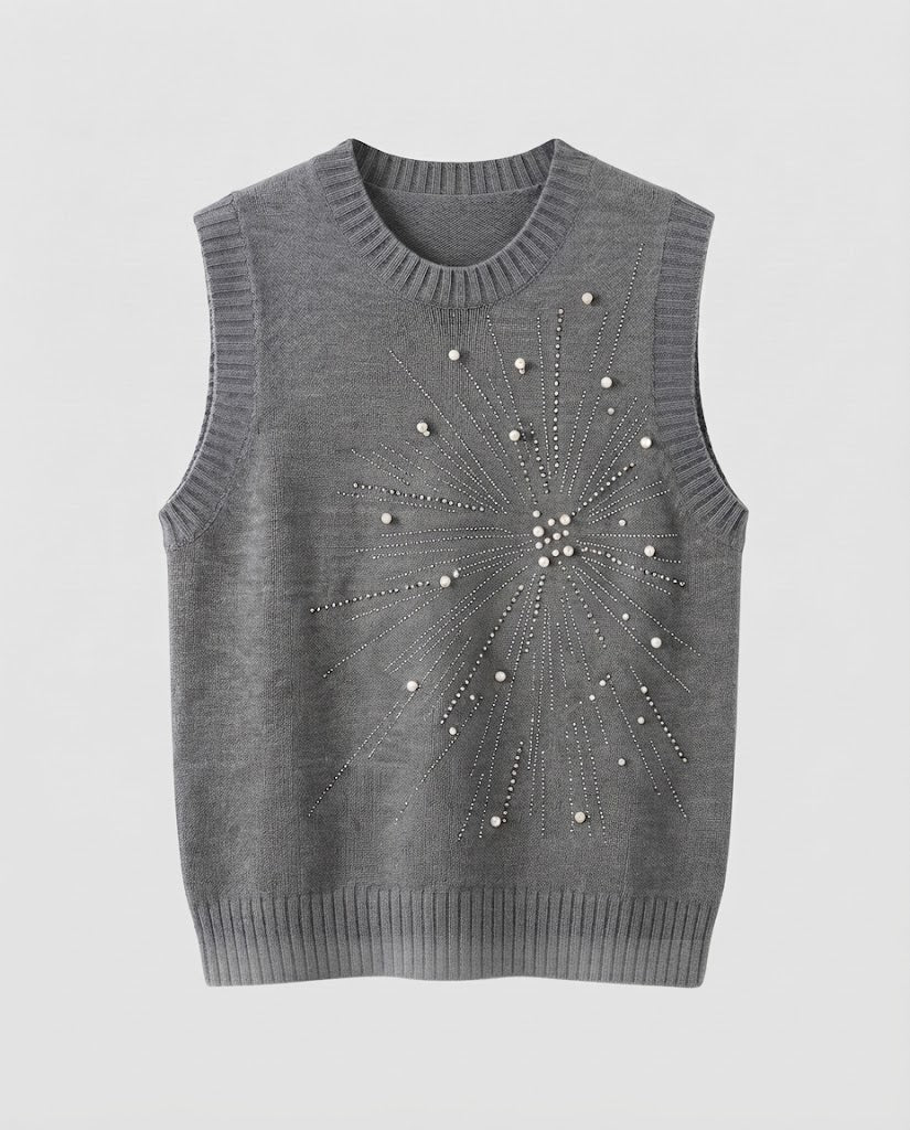 Women's Sleeveless Fine Knitted Vest with Bead and Rhinestone Sun Motif Mune Fashion