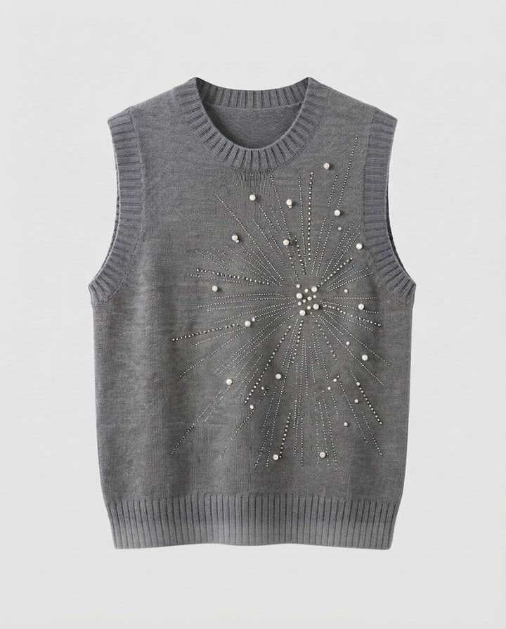 Women's Sleeveless Fine Knitted Vest with Bead and Rhinestone Sun Motif Mune Fashion