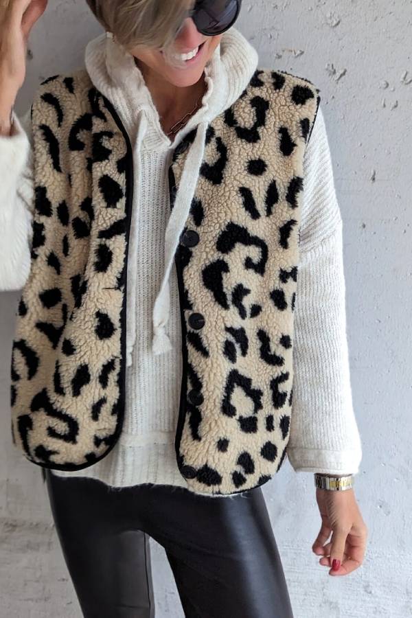 Mune | Leopard Pattern Front Opening Casual Autumn and Winter Vest Jacket