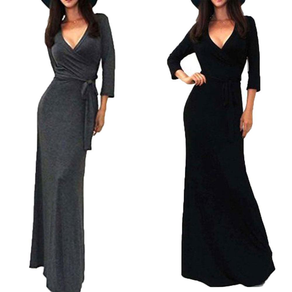 Women's Wrap Maxi Dress with Waist Tie, Figure-Hugging Silhouette & 3/4 Sleeves Mune Fashion