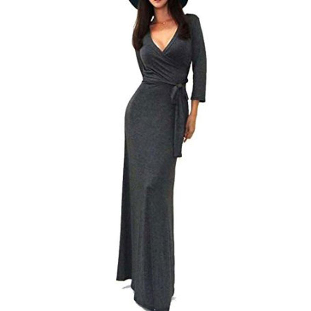 Women's Wrap Maxi Dress with Waist Tie, Figure-Hugging Silhouette & 3/4 Sleeves Mune Fashion