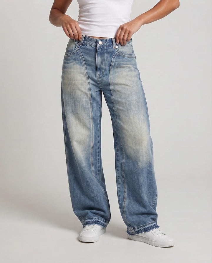 Unisex Wide Denim Palazzo Jeans with Deep Crotch and Vertical Seam Panels Mune Fashion