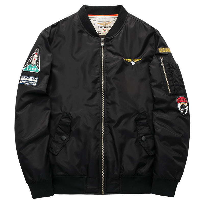 Men's  pilot-inspired patch-detail nylon flight jacket with sleeve zip pocket Mune Fashion