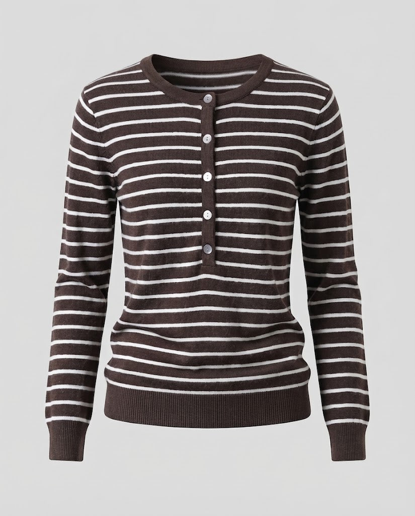 Women's Striped Henley Fine Knit Sweater with Button Placket Mune Fashion